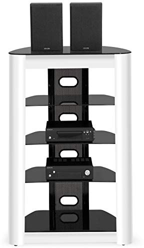 Homeology ZINNIA 5-Tier Entertainment Media Stand Black Glass Shelves & White Facia Audio Rack Stylish Home Theater Storage