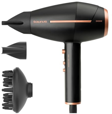 Taurus Shining 2400 Ionic, Secador de pelo iónico antiencrespamiento. Gama Pro Care. 2400W. 2 velocidades. 3 temperaturas. Diseño compacto. Aire frío. 2 concentradores y difusor