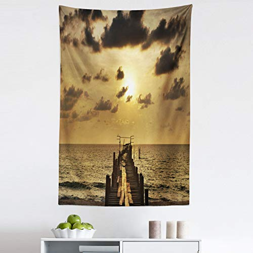 Ambesonne Landscape Tapestry, Old Wooden Deck Pond over the Sea Horizon Sunset Time of the Day Peaceful Scene, Fabric Wall Hanging Decor for Bedroom Living Room Dorm, 30 X 45, Yellow Grey