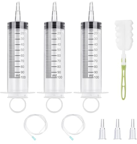 GOLDEROC 3 sprutor 100 ml med slang, 1 flaskborste, oljespruta, doseringsspruta av plast, återanvändbar plastspruta för laboratorium, trädgård, djurmat och industri