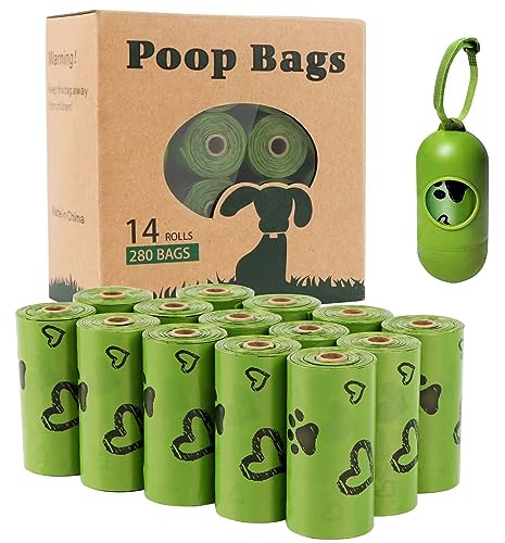 Biodegradable Dog Poo Bags with Dispenser Leak Proof - 280 Count Scented | Easy Tear Large 23x33cm 14 Refill Rolls Dog waste bags for Walks, Cat Litter Cleanup, Travel, Parks and Everyday