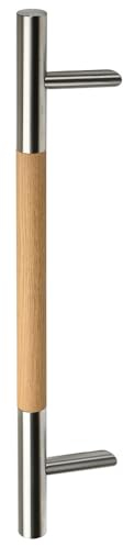 HISKA Haustürgriff Silence Ø35mm Eiche Natur | 45° schräge Stützen | Stoßgriff variables Achsmaß Holzgriff Türgriff Haustür außen (Edelstahl 800mm)