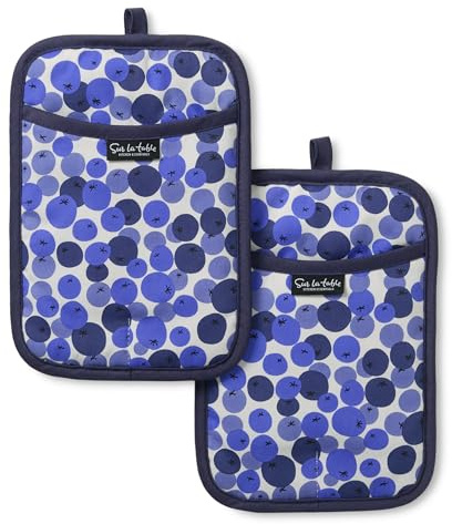 SUR LA Table Kitchen Essentials Fresh Blueberries Fruit Potholder 2-Pack Set, Heat Resistant, 100% Cotton, Flexible Non-Slip Silicone Grip, Blue/White, 7x10