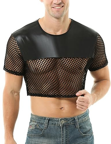 GENEMEN Mens Fishnet Shirts See Through Faux Leather Sexy Crop Tops Short Sleeve Mesh T Shirts