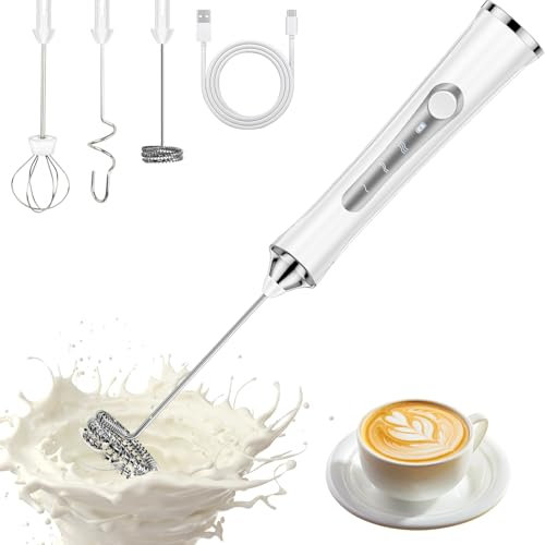 NEUTYPECHIC Montalatte Elettrico Cappuccino con 3 Frullino in Acciaio Inox, 3 Velocità Frullino Montalatte Portatile Manuale, Schiuma Latte Ricaricabile USB per Caffè, Latte, Cappuccino (Bianco)