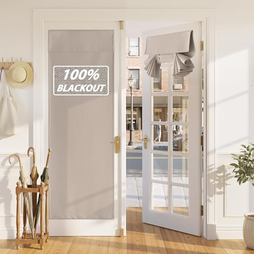 RYB HOME 100% Blackout Linen French Door Curtain - Home Decor No Drill Door Curtain for Front Window, Thermal Insulated Privacy Blinds with 2 Adhesive Tapes, W 26 x L 69, 1 Panel, Sand