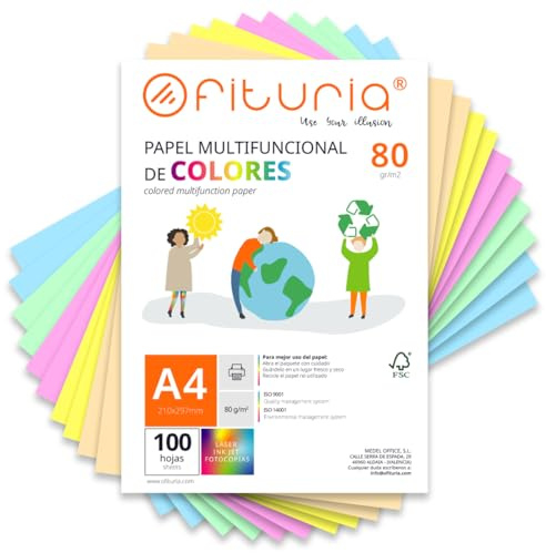 OFITURIA Papier Couleur A4 80g, 100 Feuilles - Loisirs Créatifs, Imprimante, Origami, Scrapbooking, École (Assortiment Pastel, 100h)
