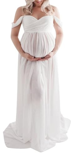 vewoza Abito premaman per fotografia Chiffon Off-Spalla Elegante Abito Anteriore Spacco Lungo Abiti Gravidanza per Photoshoot, A-Bianco, M