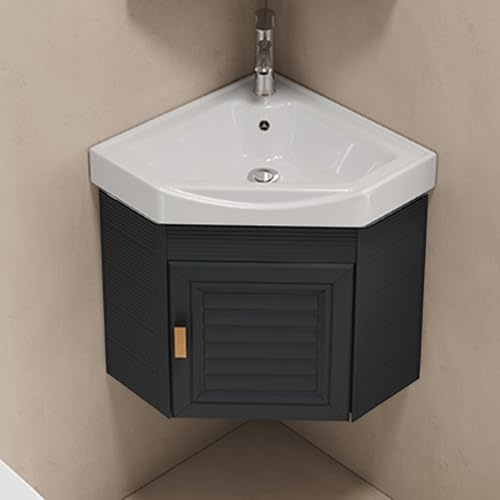 Mueble de tocador de baño de esquina con fregadero, lavabo montado en la pared, combinación de grifo frío y caliente, diseño compacto, gran almacenamiento para espacios pequeños, ideal para el hogar