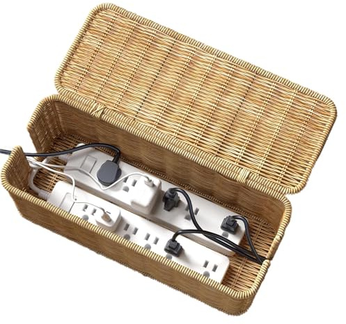 Caja de gestión de cables de ratán, contenedor de almacenamiento de alambre tejido a mano, caja grande para organizar cables con tapa, 2 ranuras abiertas, organizador de enchufes antipolvo para