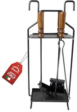 MOHOME Set Camino Attrezzi Kit 5 Utensili 65x17x30 cm Made in Italy Resistenti al Calore Scopino Attizzatoio Paletta Pinza Portattrezzi Accessori Caminetto Stufa a Legna con Manici in Legno Ergonomico