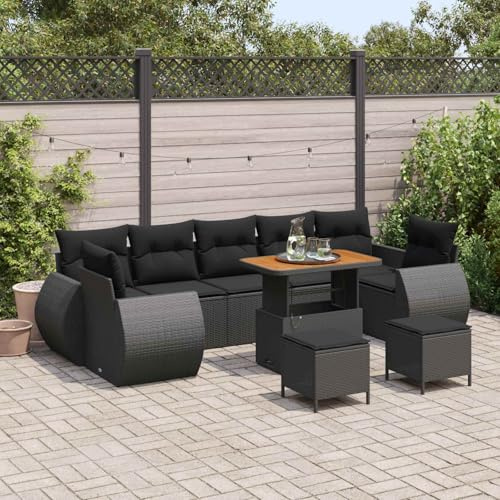 LoogCape Garden Sofa Set 10 Pieces Black Poly Rattan Patio Balcony Weatherproof Outdoor Furniture Set with Cushions Versatile Lounge Group for 9 People