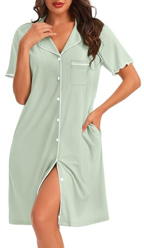Lovasy Chemise de Nuit Femme Coton à Manches Courtes Col en V Classique Robe De Nuit Boutonnée Devant Tee Shirt de Nuit Femme Grande Taille avec Poches Latérales