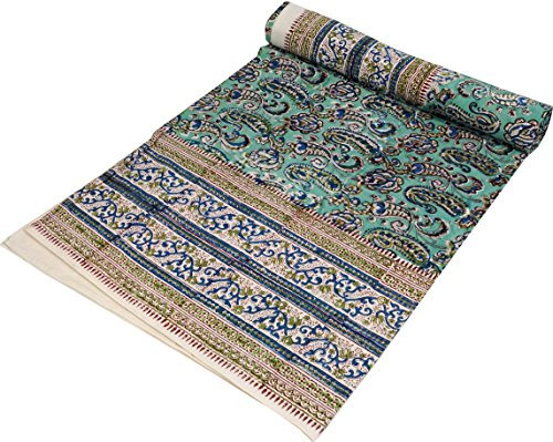 GURU SHOP Blockdruck Tagesdecke, Bett & Sofaüberwurf, Handgearbeiteter Wandbehang, Wandtuch - Design 13, Baumwolle, Size:Single 150x200 cm
