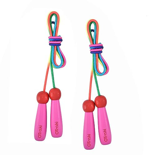 OTraki Skipping Rope for Children and Adults, Pack of 2 Adjustable Skipping Ropes, Wooden Handle, Non-Slip Coloured Cotton Rope for Boys, Girls, Fitness, Training, Exercise, Outdoor Activities