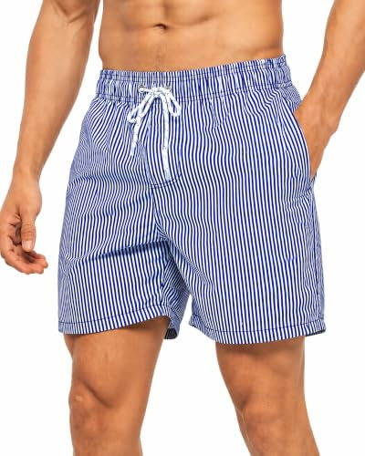 HLVEXH Badbyxor för män snabbtorkande med nätfoder och fickor | Strandshorts för män med nätfoder för strand och pool med lätt tyg, elastiskt midjeband och praktiska sidofickor
