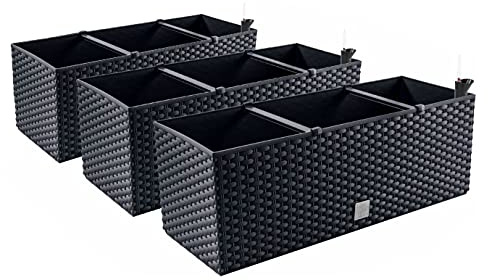 PAFEN 3X Blumenkasten Blumentopf Rattan-Optik - 60 x 25 x 24 cm - Pflanztopf Bewässerungssystem Balkonkasten Pflanzkästen, Anthrazit