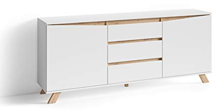 byLIVING Sideboard Valentin/Kommode matt weiß mit Absetzung in Eiche-Optik/Schrank mit 2 Türen und 3 Schubkästen/Im Scandi-Style/Grifflos/B 180, H 80, T 38 cm