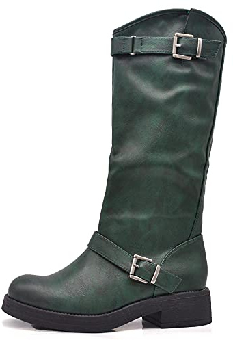 IF Fashion Scarpe Stivali da Donna Al Polpaccio Biker Motociclista Con Fibbie Anfibi YG883 verde N.40