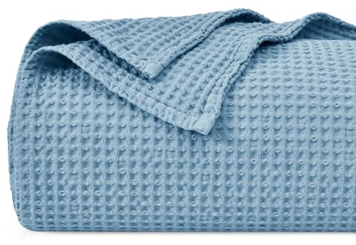 PHF Manta 100% algodón, 230x270 cm, prelavado, suave, ligera, transpirable, para todas las estaciones, capa perfecta para sofá, cama, sofá, tamaño King, azul polvoriento