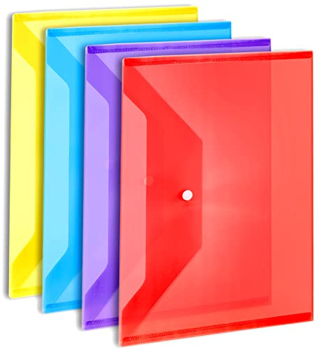 LEOBRO Plastic File Folders for Documents, 4 PCS File Folders, A4 Size Plastic Envelopes with Snap Closure, Clear Envelopes Pouches Folder Organizer Document Holder, Filing Envelopes