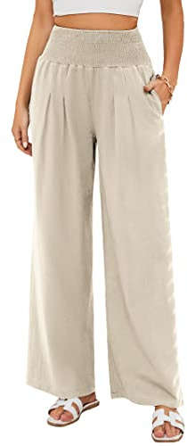 Famulily Womens Linen Trousers Bohemian Style Summer Beach Wide Leg Pants with Pockets Beige S