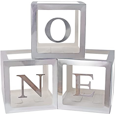 Scatole decorative per feste di compleanno, per bambini, 3 pezzi, colore argento trasparente, con lettere decorative