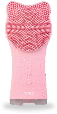 VRAIKO MIA - Cepillo de limpieza facial, impermeable, recargable, con silicona suave y vibración sónica ajustable, para una limpieza profunda, exfoliante suave y masaje (Rosa Pálido)