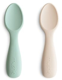 Mushie Baby Starter Spoons | BPA-Free Silicone Learning Spoons 2-Pack | Dishwasher Safe Durable Toddler Utensils | Cambridge Blue/Shifting Sand