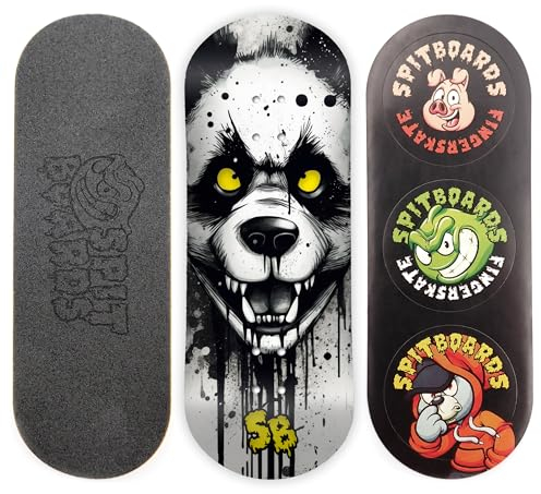 SPITBOARDS 34mm Fingerboard Deck - Real Wood (5-Layers) Classic Popsicle Street Shape - Size: 34 x 96 mm - Single Graphic Deck (Real Wear) - Optimized Concave - Hungry Panda