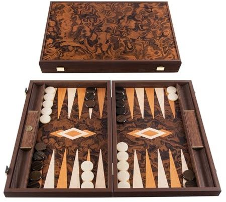 Manopoulos Californian Walnut Burl Luxury Backgammon Set with side racks & accessories - 19 inch x 12 inch (48cm x 30cm) Closed) – Classic Strategy Board game – Suitable for serious players