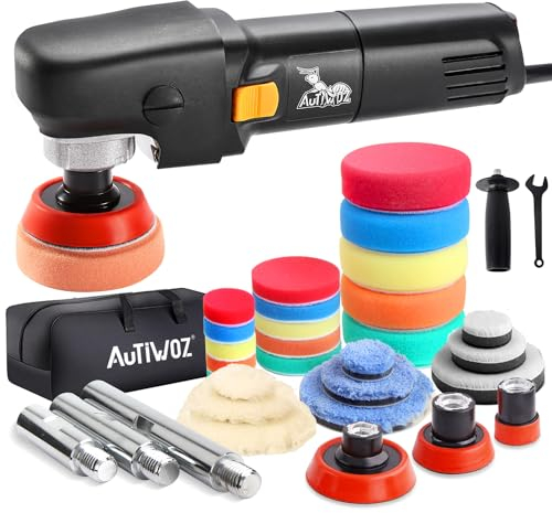 AUTIWOZ Mini Poliermaschine, 600W Polierer mit 6 Variable Geschwindigkeiten 700-2500 RPM, Abnehmbarer Seitengriff, für Auto Detailing Polieren, 25mm,50mm,75mm Gewinde Verlängerungswelle