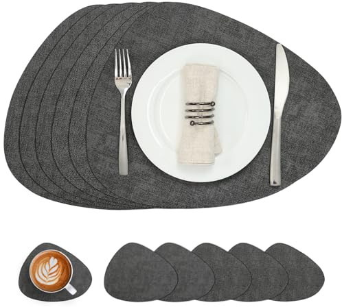 Chitomars Placemats and Coasters Set of 6 Dual Sided Faux Leather Table Mat | Heat Resistant Washable Place Mats Non Slip Waterproof PU Leather Placemat for Dining Table Indoor Outdoor (Grey)