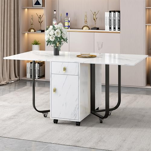 KUAKE Mobiler Klapptisch Weiß, mit Aufschrank und 2-Schubladen, Klappbarer Küchentisch vielseitiger Tisch, Platzsparender Esstisch mit 4-Stützbeinen,Mit Riemenscheibe (Schwarz)