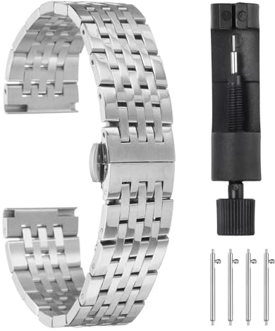 QUARKZMAN 14mm Correas de Reloj de Acero Inoxidable con Cierre de Mariposa de Doble Presión, Reloj Correa Metal Acero Sólido Cadena Repuesto con Extremos Curvados, Tono Plateado