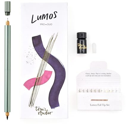 Tom's Studio Lumos Pro Duo Tip (Sage) | Refillable Fineliner, Writing & Brush Pen | Comes with 11 Tips, 3ml Deep Black Ink Sample & 2x Ink Reservoirs