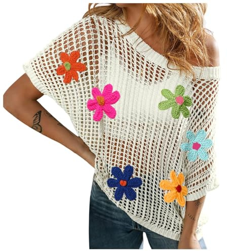 KBOPLEMQ Women's Summer Crochet Tops Hollow Out Pullover Sweater Short Sleeve Knitted Beach Cover Up Pullover Lace Knitted Jumper Casual Round Neck Crochet Jumper Flower Pattern Knitted Top Long
