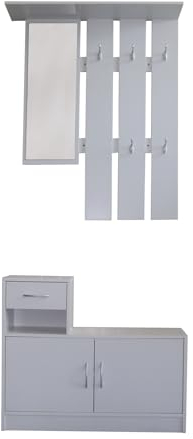 HTI living Garderobe Weiß mit Spiegel Schrank und Ablage für Flur Diele oder Eingangsbereich mit Spiegel Hutablage und 5 Kleiderhaken