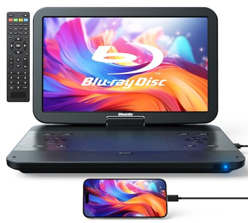 GOnavidio 17.5 Portable Blu Ray DVD Player with 15.4 1920X1080 HD Large Screen, 5 Hours Battery, Surround Audio Sound, Support HDMI In/Out, USB/SD Card Reader, MP4 Playback, Sync TV