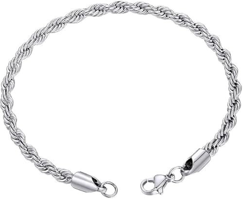Silver Twisted Rope Bracelet Hip Hop Jewelry 316L Stainless Steel For Men and Women's Thick Rope Chain Bracelet for Men and women Silver Bracelet (3mm)