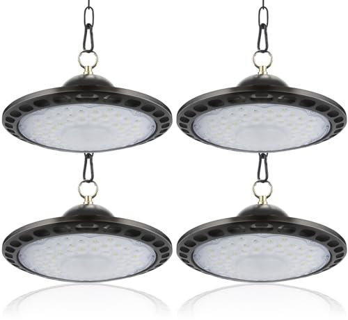 200W UFO LED Workshop Light, 30000LM 6000K Super Bright 4 Pack LED High Bay Light, IP66 Waterproof Pendant Light, Industrial Workshop Lamp for Garages, Halls, Warehouses, Workshops, Factory Lighting