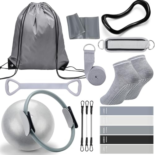 RoundFunny Pilates Ring Circle Set 18 Pcs Exercise Equipment Accessories for Women Workouts Pilates Ball Stretching Strap Magic Circle Yoga Ring Gym Back Bag Resistance Band Anti Slip Socks(Grey)