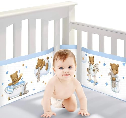 Bizcasa Spjälskydd babysäng, 2 stycken spjälskydd ventilerande 4-sidigt nätfoder för barnsängar, justerbart, avtagbart – 340 cm x 30 cm + 160 cm x 30 cm (teddy)