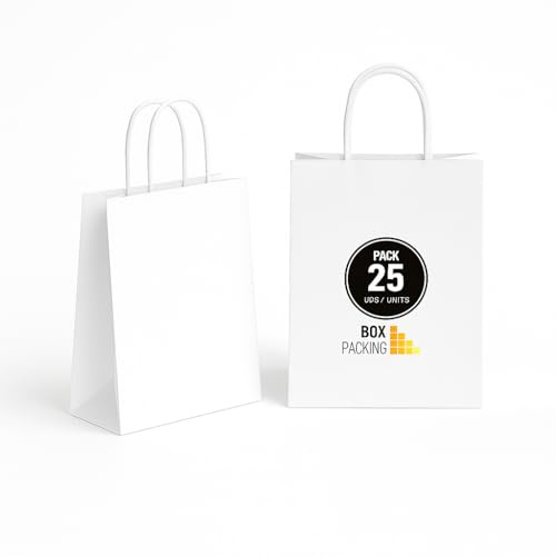 BOXPACKING | Sacchetti Carta con Manici | 25 Borse Bianche | Borsa Piccola Bianca (24x18x8 cm) | Shopping Bag | Buste Bianche con Manici | Busta Regalo | Borse Carta con Manico