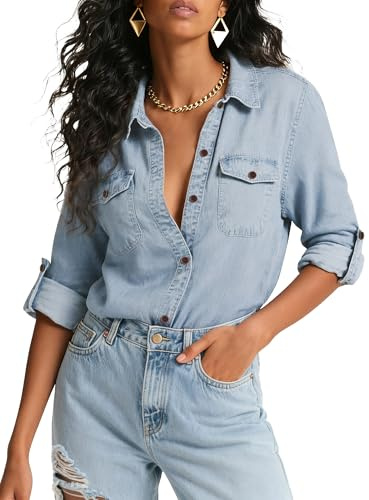 HOCAIES Womens Denim Tops Chambray Casual Jean Shirts Basic Casual Long Sleeve V-Neck Button Up Shirt and Blouse Size 8 to 10 Sky Blue Medium