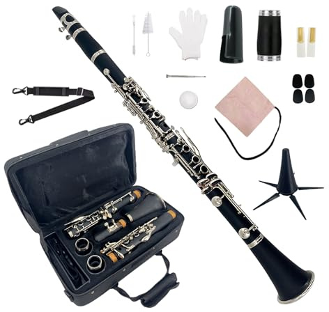 Conboxus Bb Clarinet for Beginners Student Clarinet 17 Nickel-Plated Keys with Case, Mouthpiece, Reeds, Stand - Easy to Play Ebony Clarinet Kit, Best for Band Orchestra (Bb-key)