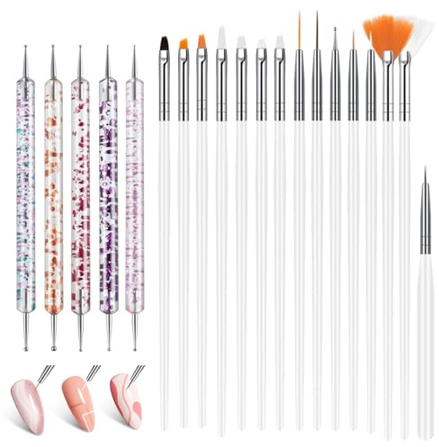 AYBUY Set med 20 nagelborstar, 15 borstar och 5 stansar ingår, akryl för nageldekoration, nagelkonstborste för gör-det-själv-naglar, penslar, detaljer, blandning etc., vit