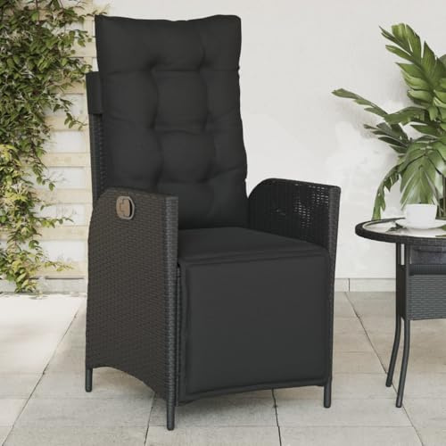 QZZCED Sillón Reclinable de Jardín con Reposapiés Ajustable en Ratán PE Negro para Exteriores, Estructura Robusta de Acero y Cojines Desenfundables Lavables, Ideal para Relajación