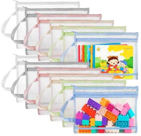 Dengthrive Toy Storage Bags: 12pcs A4 Double Layer Nylon Mesh Zipper Pouch Bags (6 Colors) with Handle Used for Puzzle Building Block Toy Storage and Organization, Suitable for School Offices