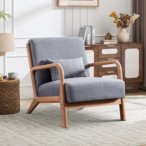 EBELLO Accent Sessel mit Kissen, Mid-Century Moderner Polstersessel für Wohnzimmer, Ohrensessel mit Holzrahmen & Armlehnen, Lesesessel bis 150kg belastbar, Grau
